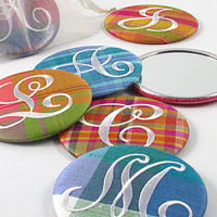 NEW for 2009! Personalized mini purse mirrors in all our best selling fabrics. With our without an initial. Silk plaid mirror shown.