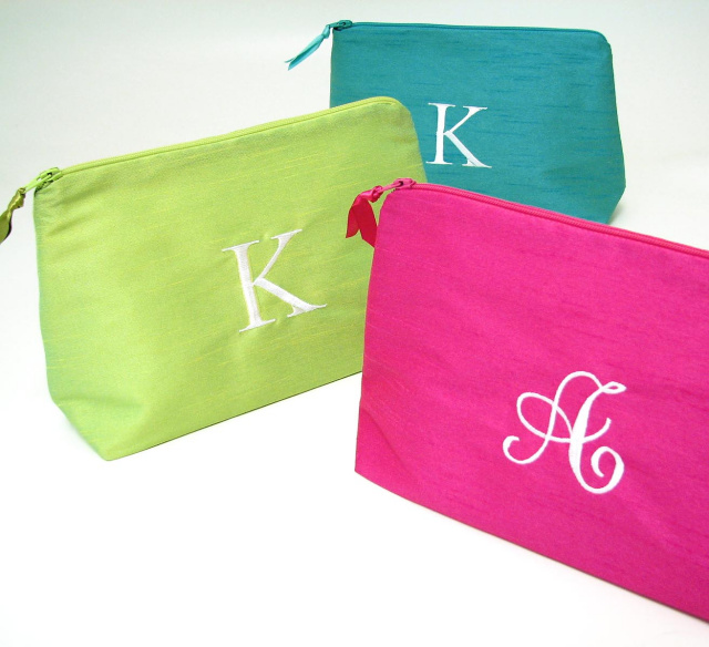 personalized polyester dupioni bags, monogrammed makeup cases